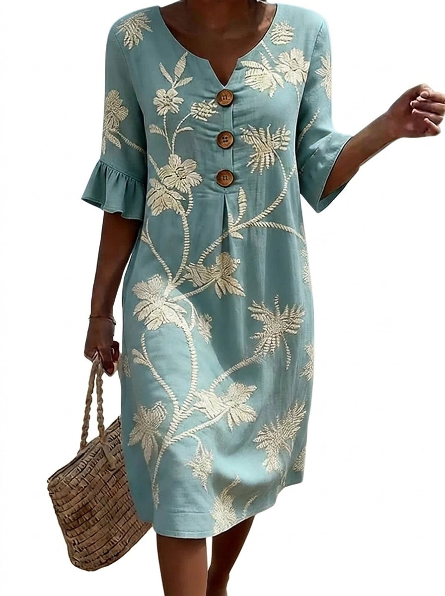 Vestido midi para mujer con botones y bordado floral-Midi Dress-Casaluzia