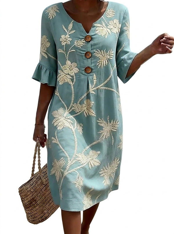 Vestido midi para mujer con botones y bordado floral-Midi Dress-Casaluzia