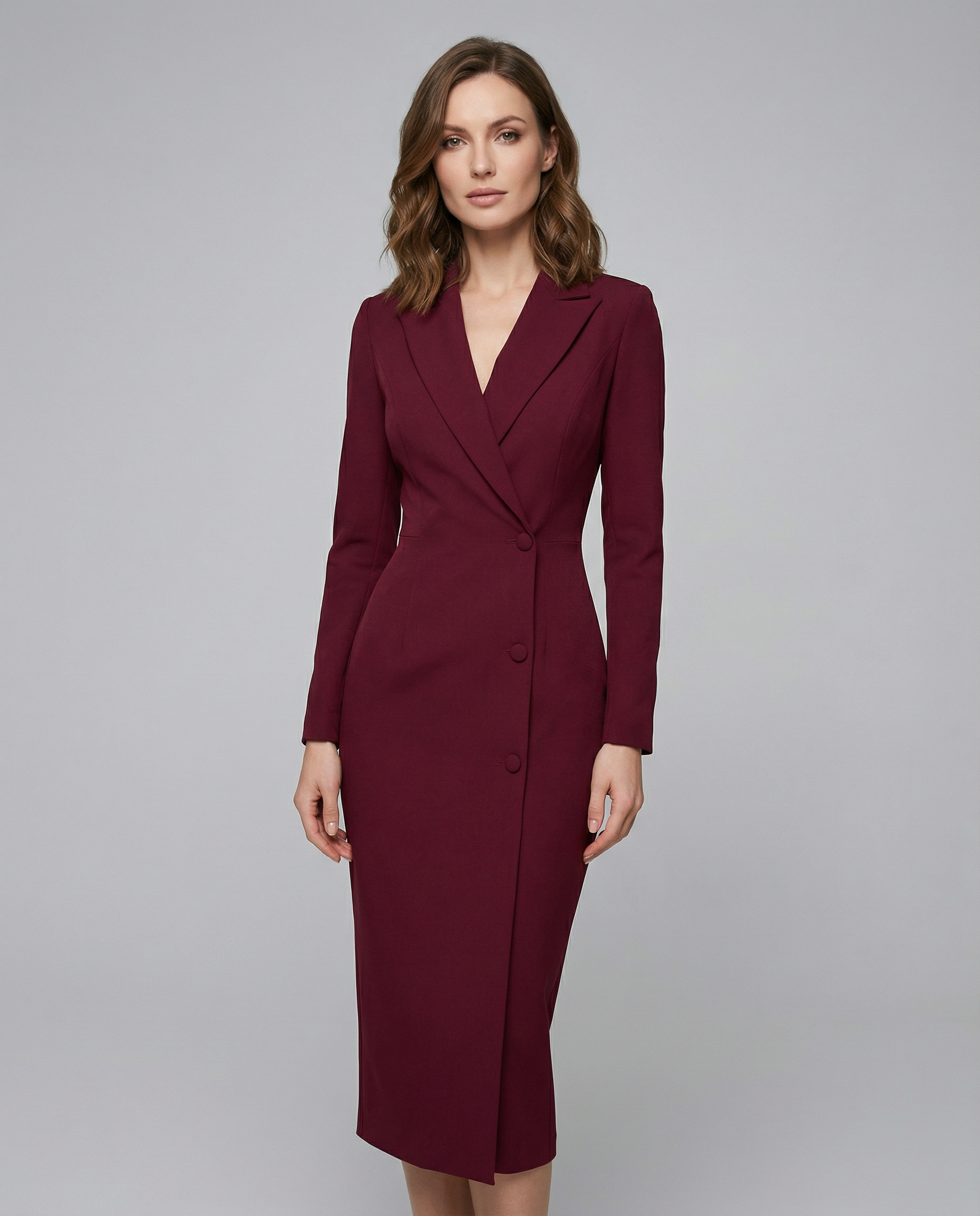Vestido midi para mujer con cuello de solapa y cierre con botones-Midi Dress-Casaluzia