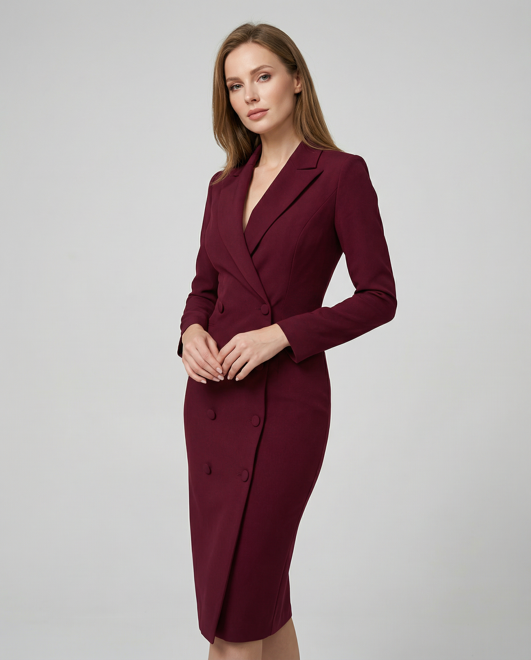 Vestido midi para mujer con cuello de solapa y cierre con botones-Midi Dress-Casaluzia