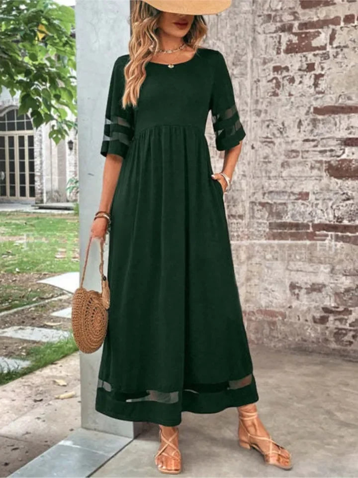 Vestido midi para mujer con cuello redondo y mangas medias-Maxi Dress-Casaluzia