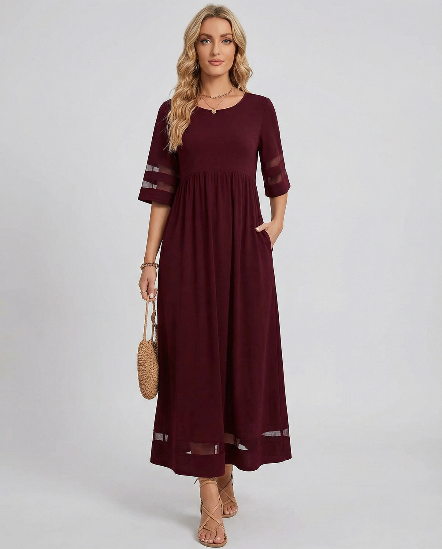 Vestido midi para mujer con cuello redondo y mangas medias-Maxi Dress-Casaluzia