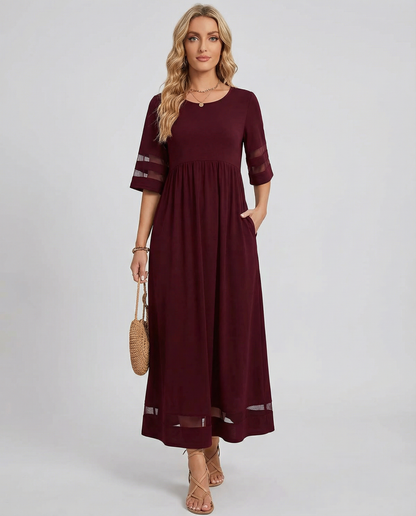Vestido midi para mujer con cuello redondo y mangas medias-Maxi Dress-Casaluzia