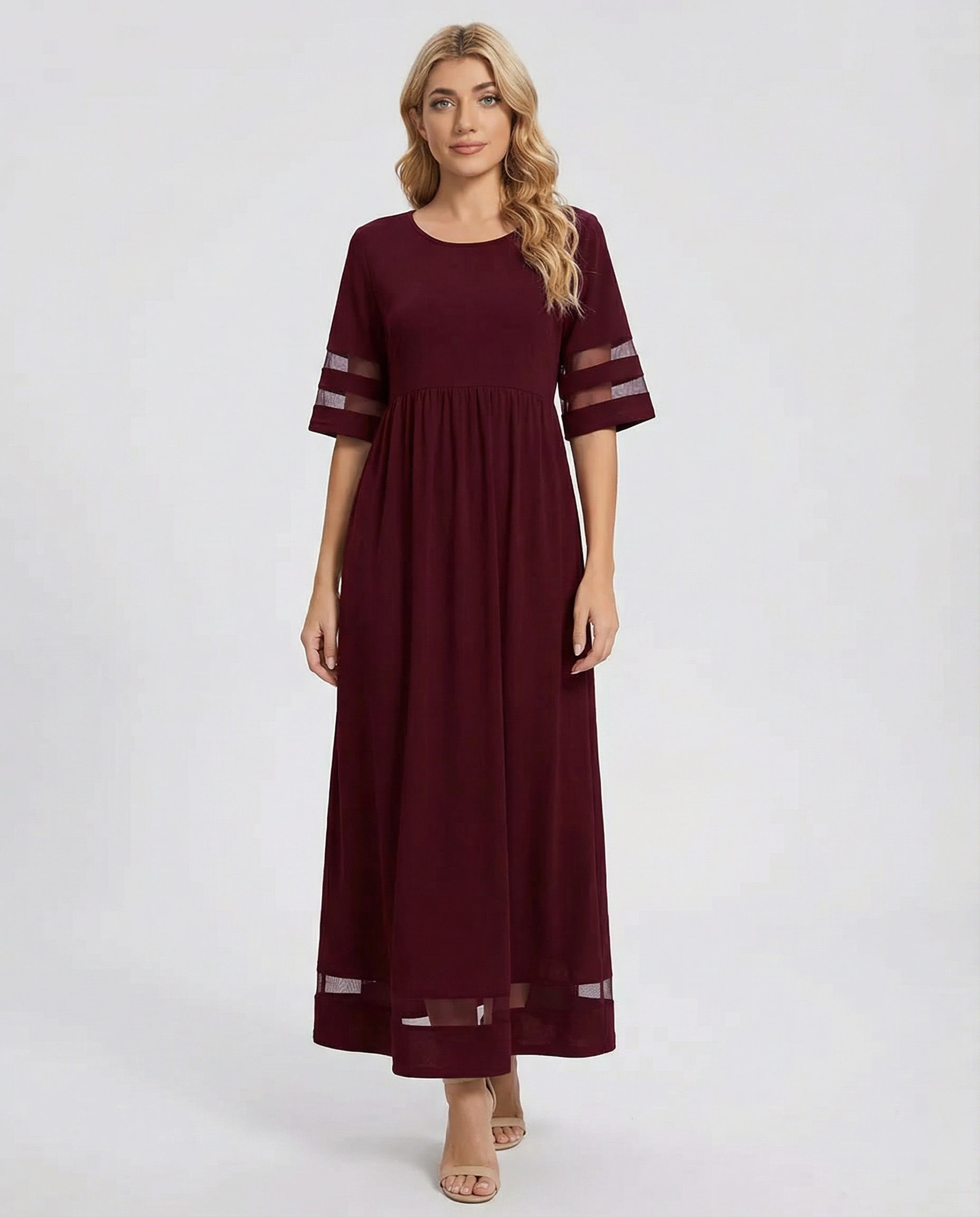 Vestido midi para mujer con cuello redondo y mangas medias-Maxi Dress-Casaluzia
