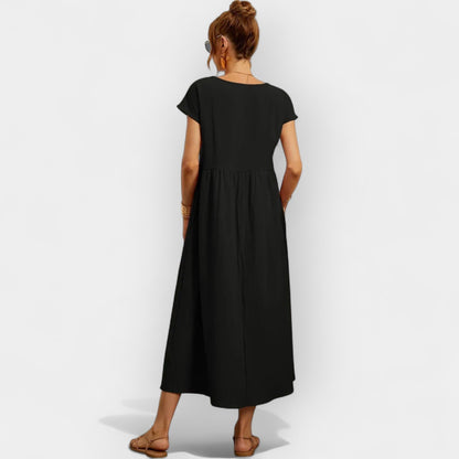 Vestido midi para mujer con mangas cortas y bolsillos laterales-Midi Dress-Casaluzia
