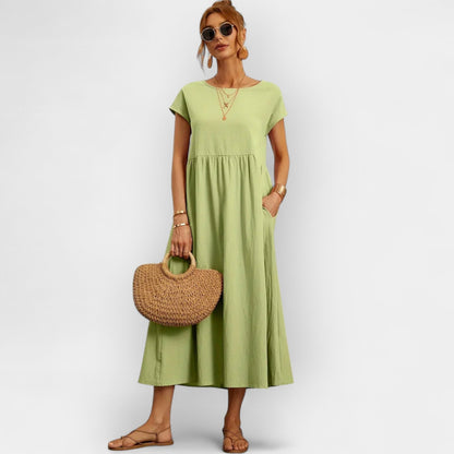 Vestido midi para mujer con mangas cortas y bolsillos laterales-Midi Dress-Casaluzia