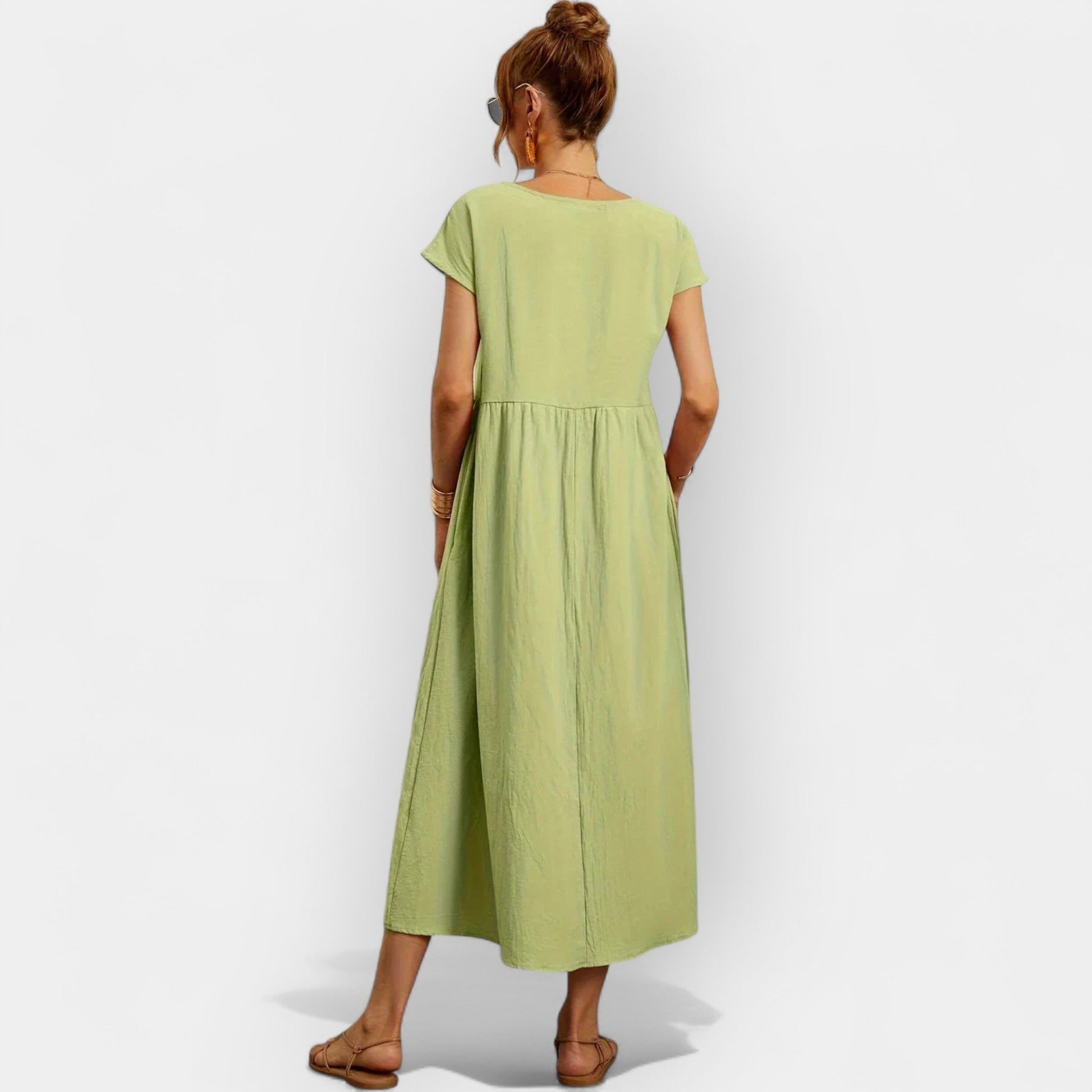 Vestido midi para mujer con mangas cortas y bolsillos laterales-Midi Dress-Casaluzia