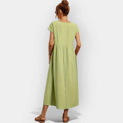 Vestido midi para mujer con mangas cortas y bolsillos laterales-Midi Dress-Casaluzia