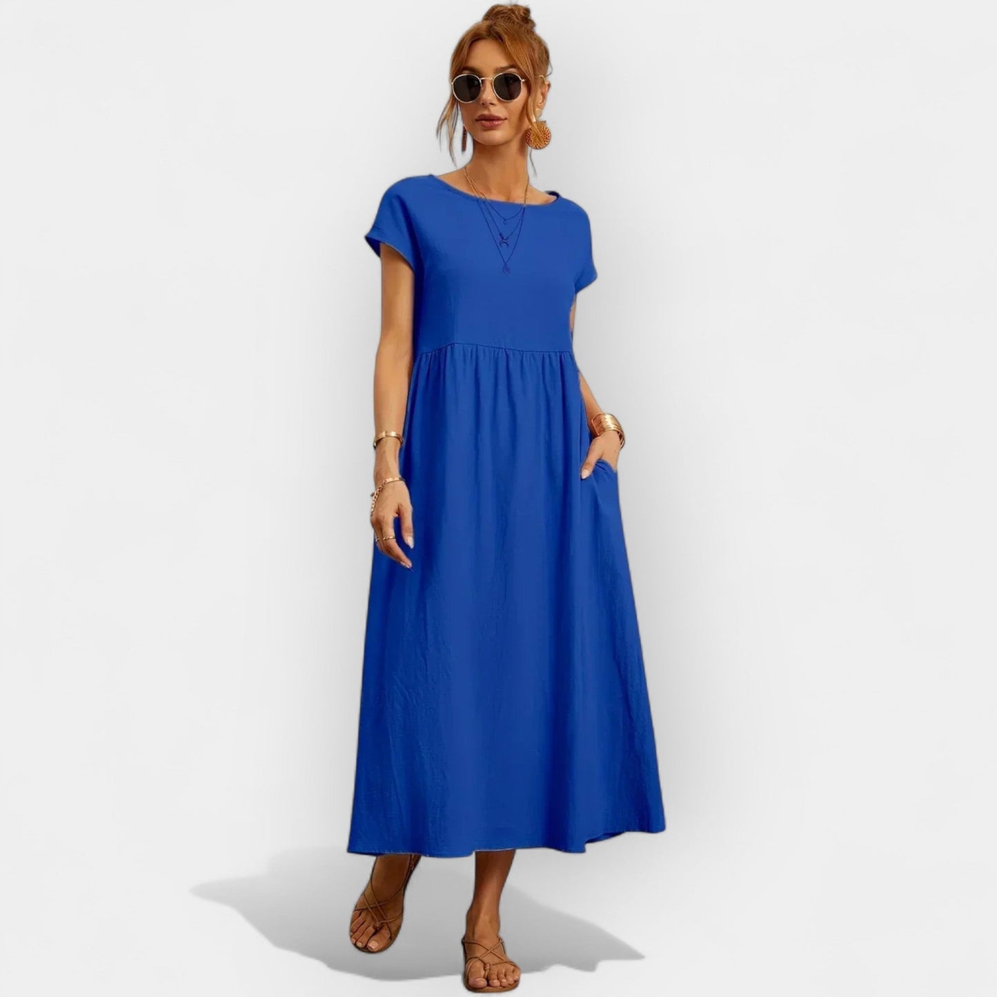 Vestido midi para mujer con mangas cortas y bolsillos laterales-Midi Dress-Casaluzia