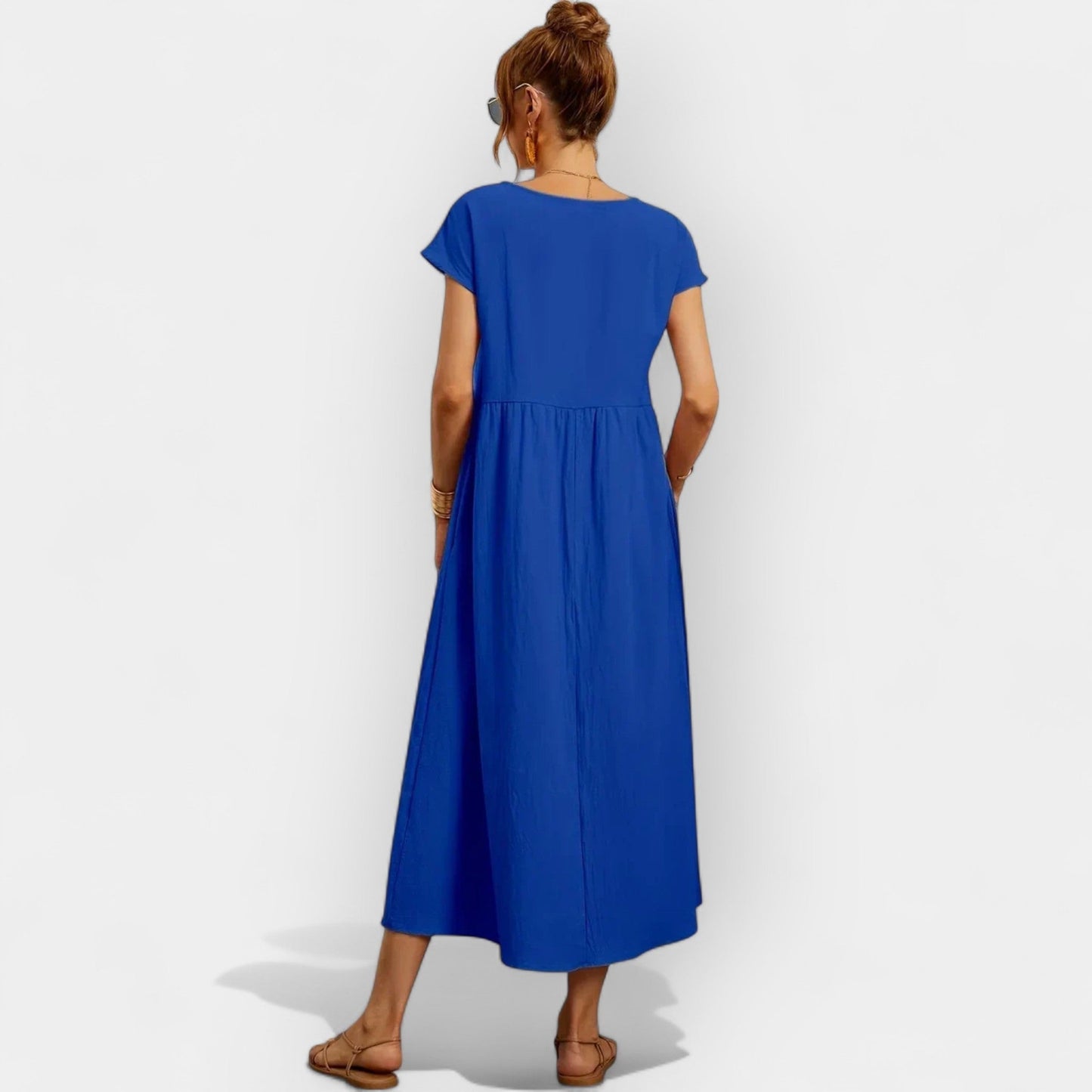 Vestido midi para mujer con mangas cortas y bolsillos laterales-Midi Dress-Casaluzia