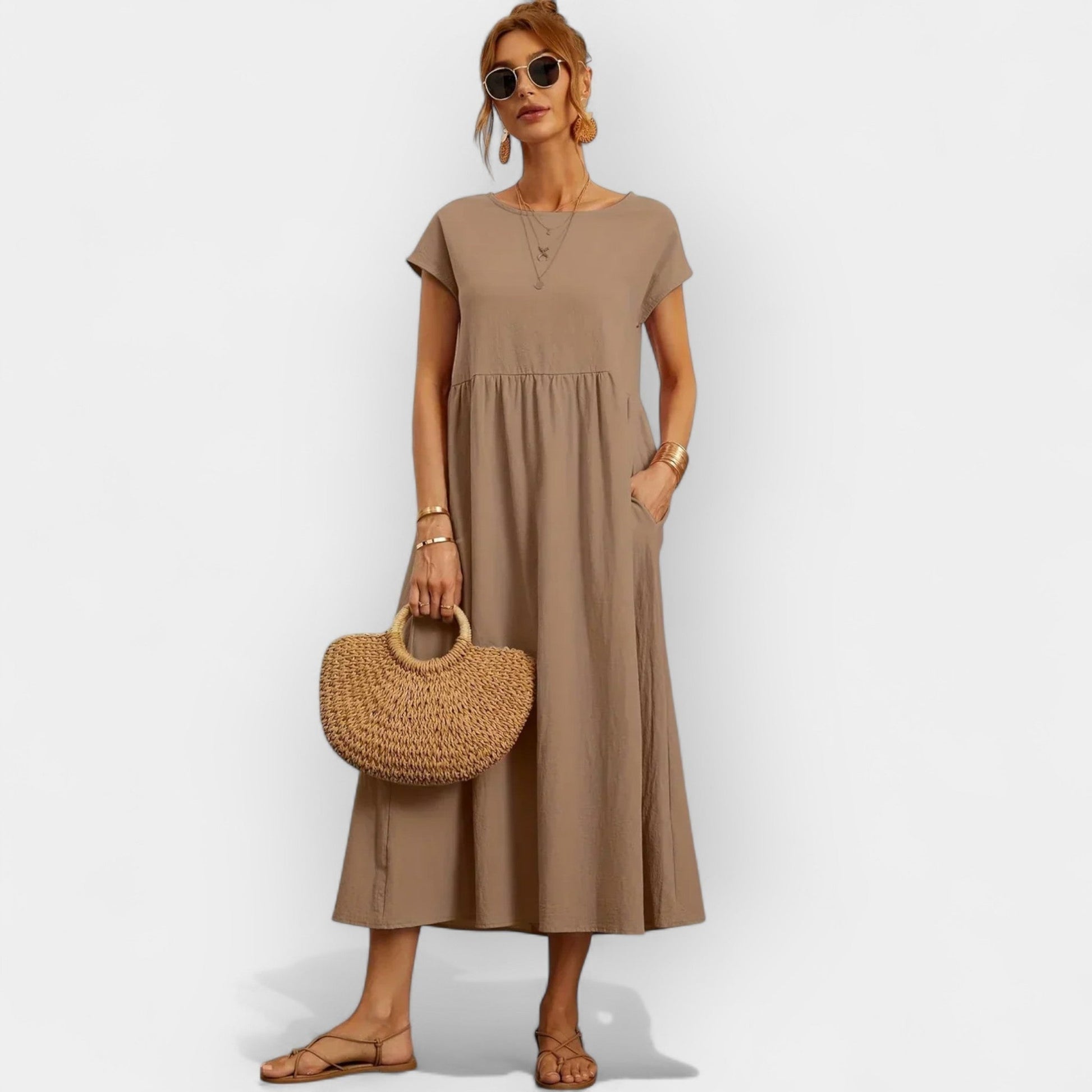 Vestido midi para mujer con mangas cortas y bolsillos laterales-Midi Dress-Casaluzia