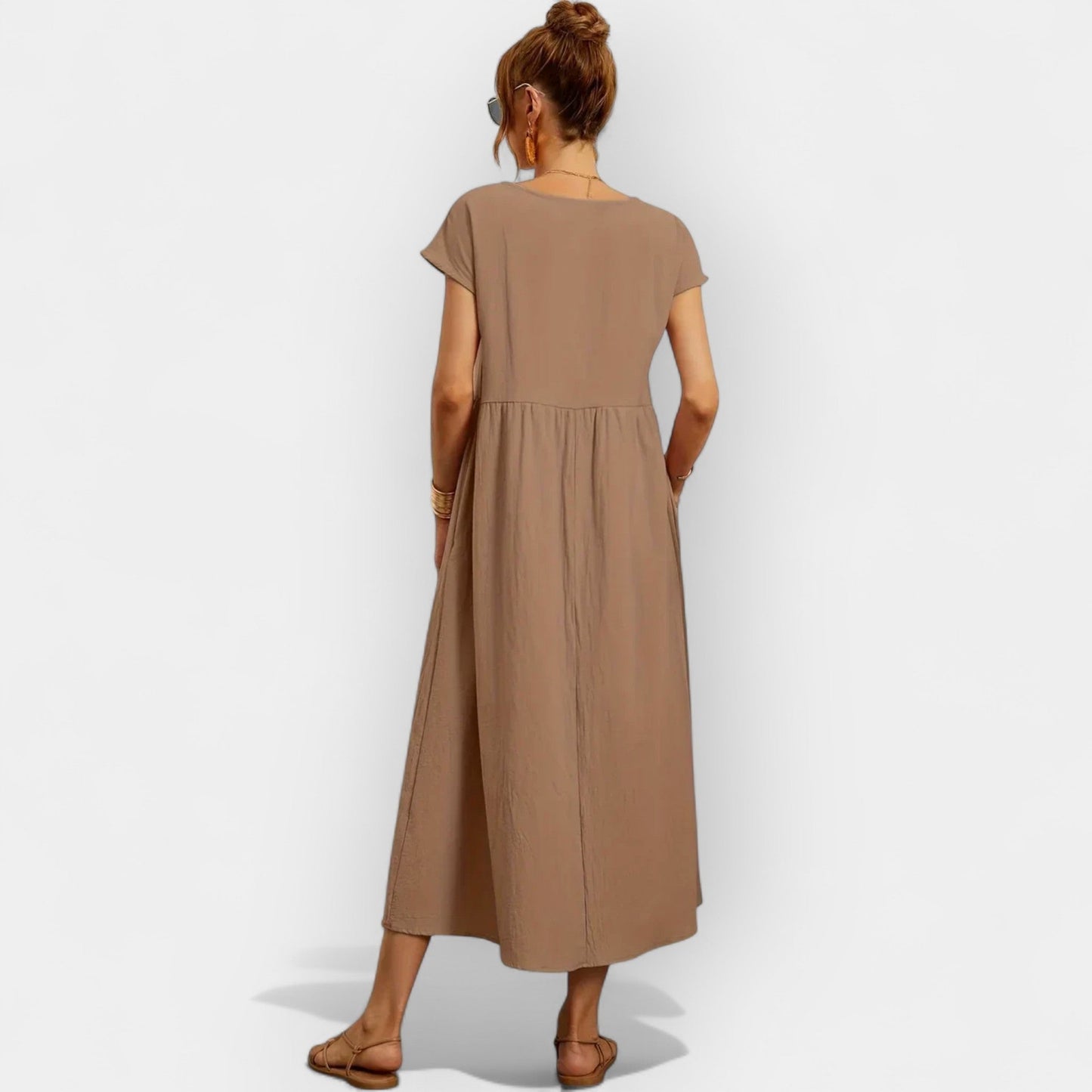 Vestido midi para mujer con mangas cortas y bolsillos laterales-Midi Dress-Casaluzia