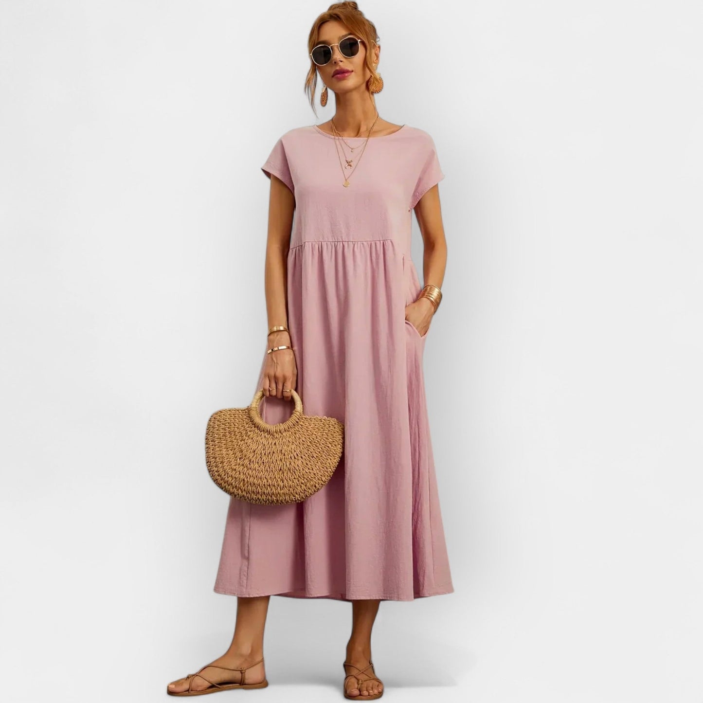 Vestido midi para mujer con mangas cortas y bolsillos laterales-Midi Dress-Casaluzia