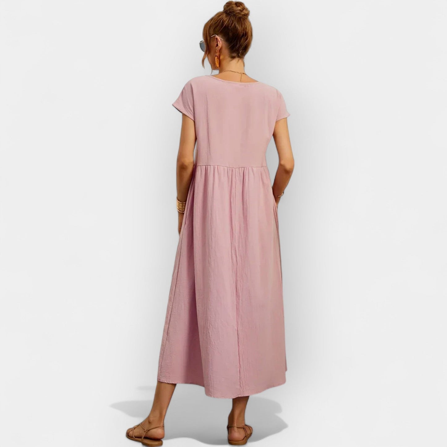 Vestido midi para mujer con mangas cortas y bolsillos laterales-Midi Dress-Casaluzia