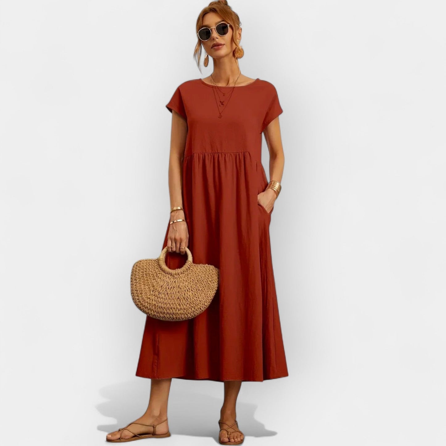 Vestido midi para mujer con mangas cortas y bolsillos laterales-Midi Dress-Casaluzia