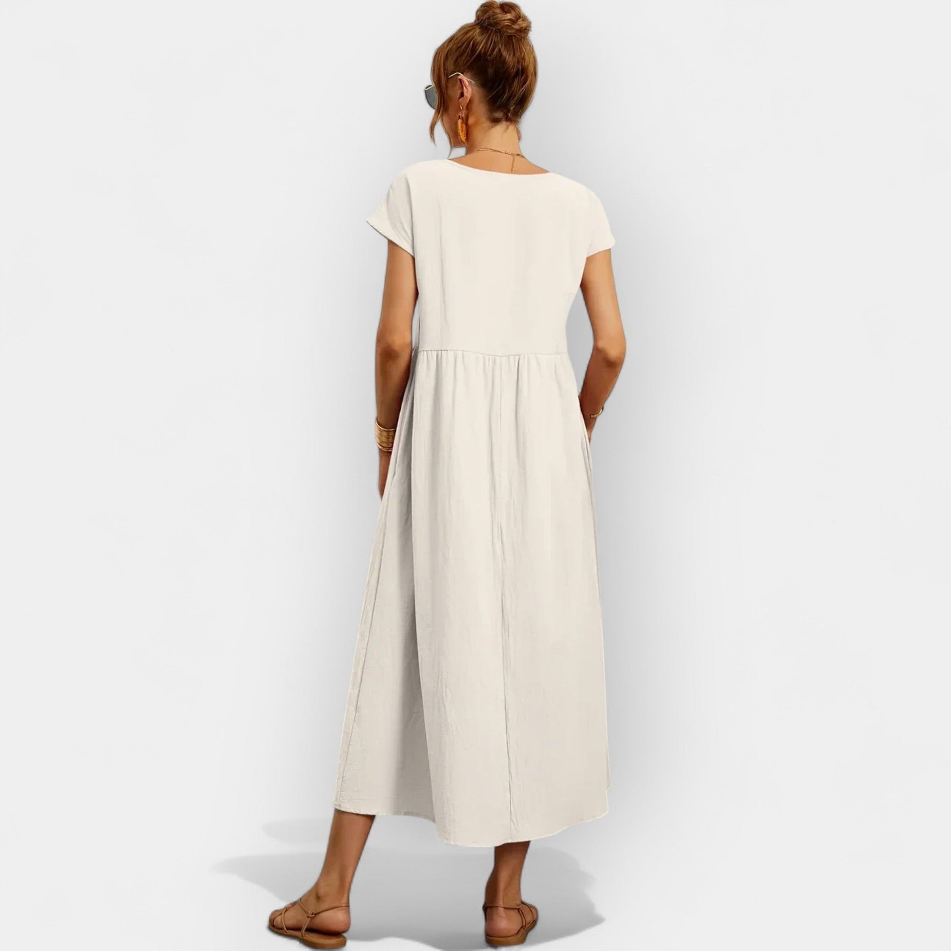 Vestido midi para mujer con mangas cortas y bolsillos laterales-Midi Dress-Casaluzia