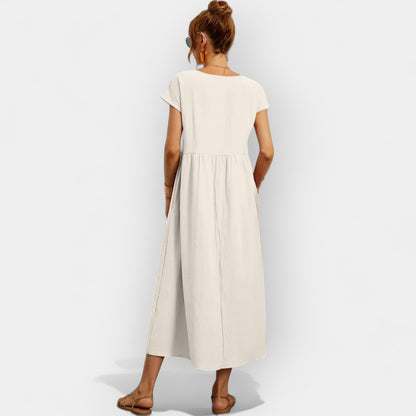 Vestido midi para mujer con mangas cortas y bolsillos laterales-Midi Dress-Casaluzia