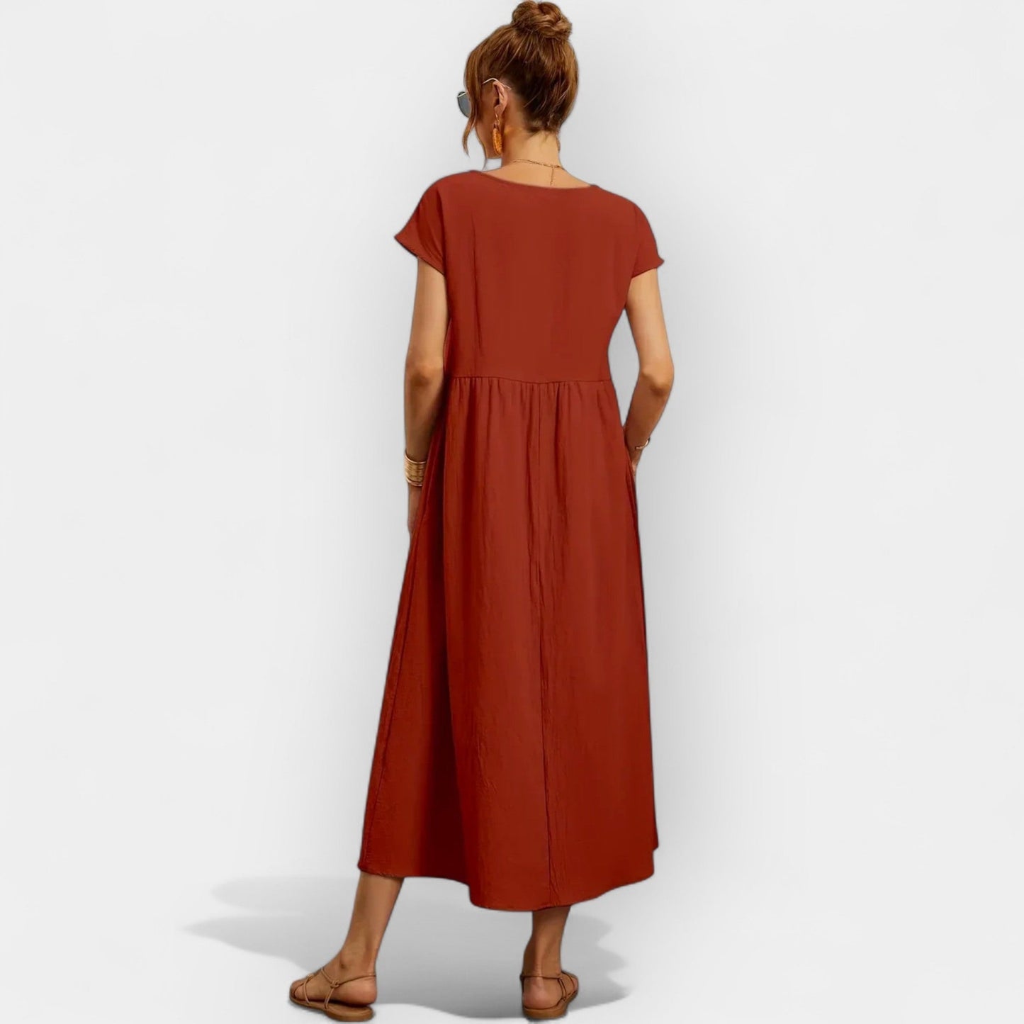 Vestido midi para mujer con mangas cortas y bolsillos laterales-Midi Dress-Casaluzia
