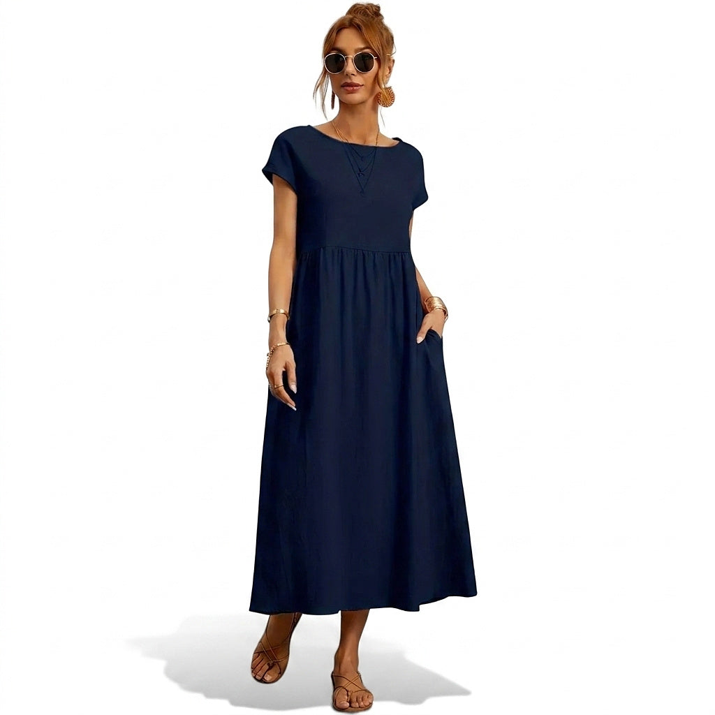 Vestido midi para mujer con mangas cortas y bolsillos laterales-Midi Dress-Casaluzia