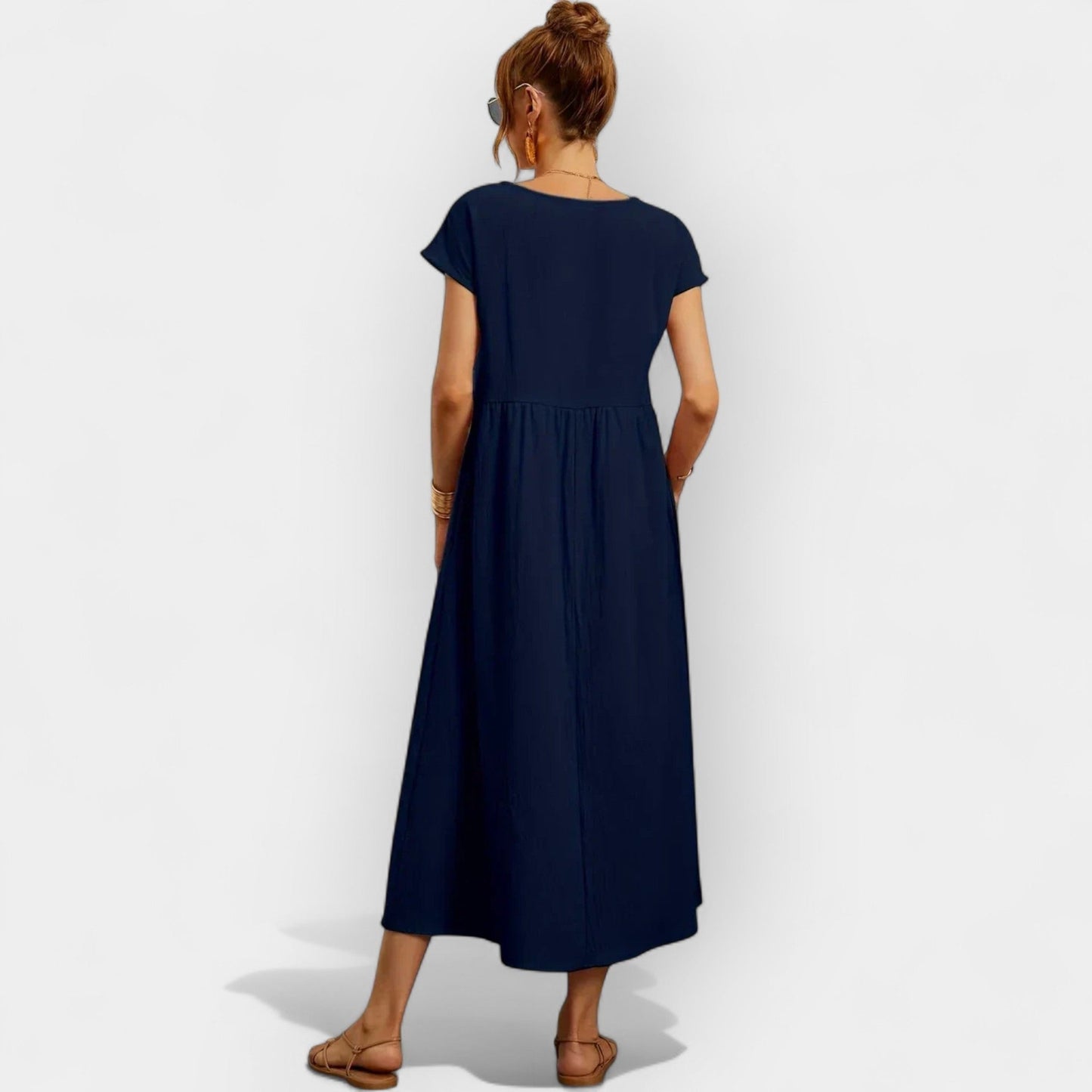 Vestido midi para mujer con mangas cortas y bolsillos laterales-Midi Dress-Casaluzia