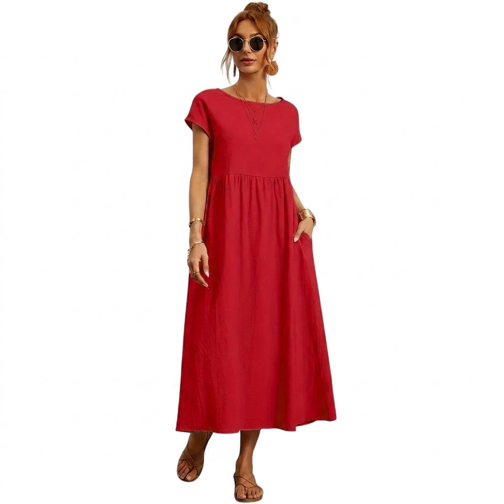 Vestido midi para mujer con mangas cortas y bolsillos laterales-Midi Dress-Casaluzia