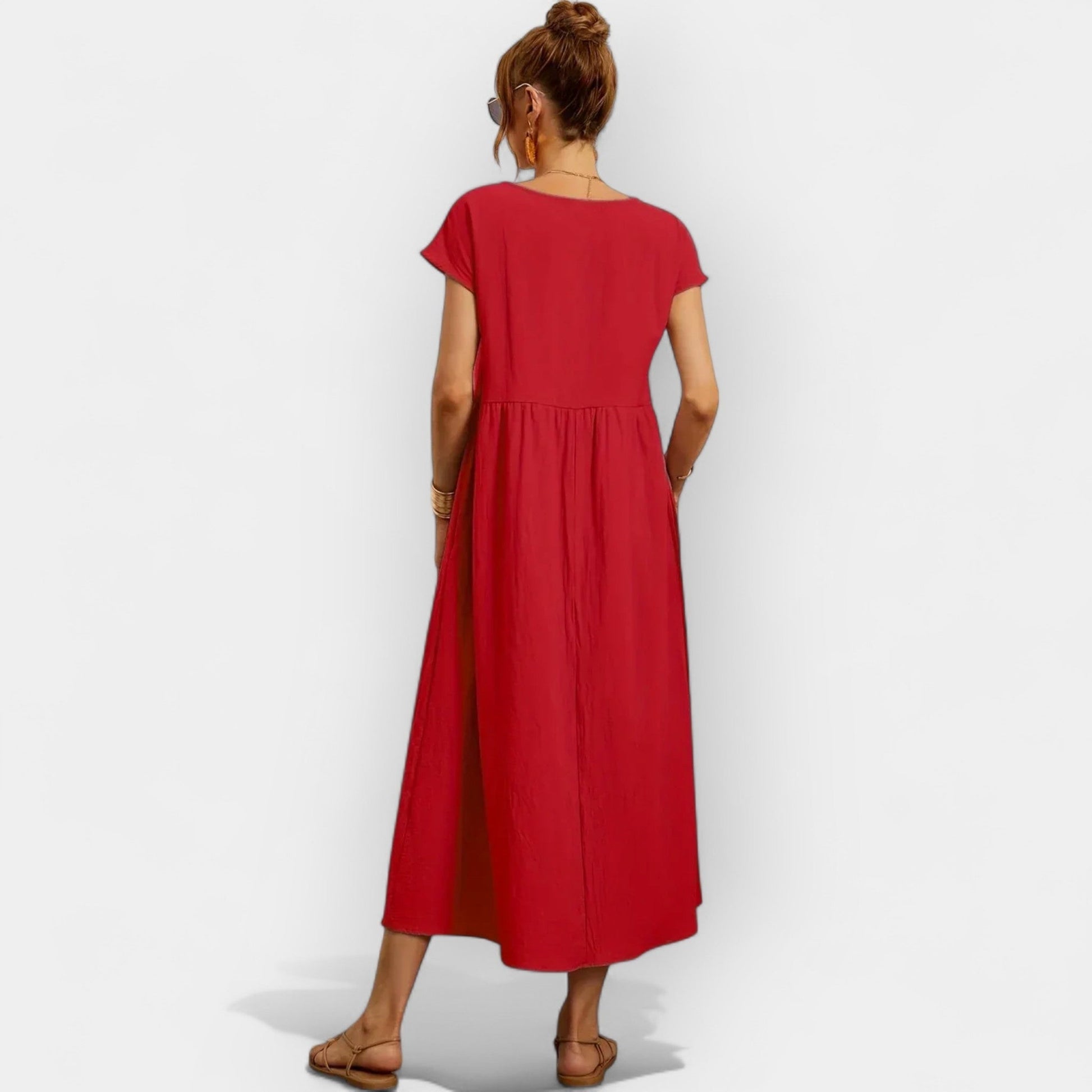 Vestido midi para mujer con mangas cortas y bolsillos laterales-Midi Dress-Casaluzia