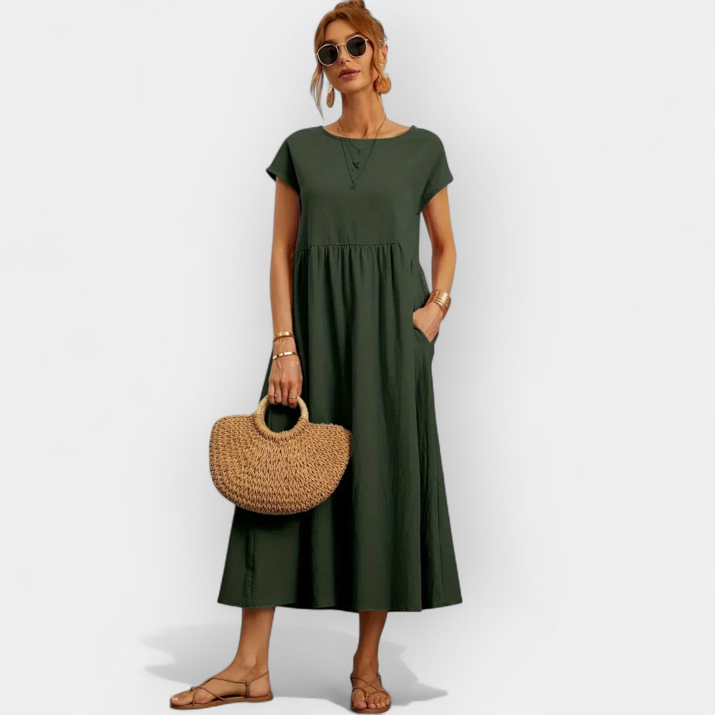 Vestido midi para mujer con mangas cortas y bolsillos laterales-Midi Dress-Casaluzia