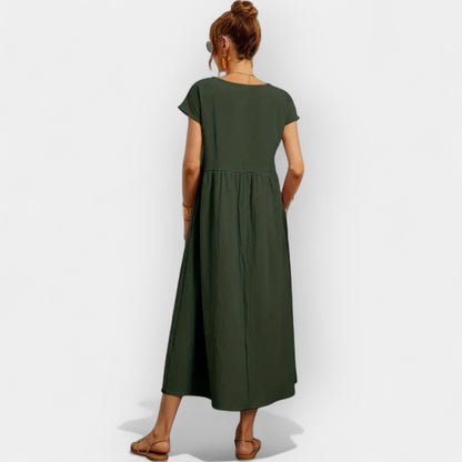 Vestido midi para mujer con mangas cortas y bolsillos laterales-Midi Dress-Casaluzia