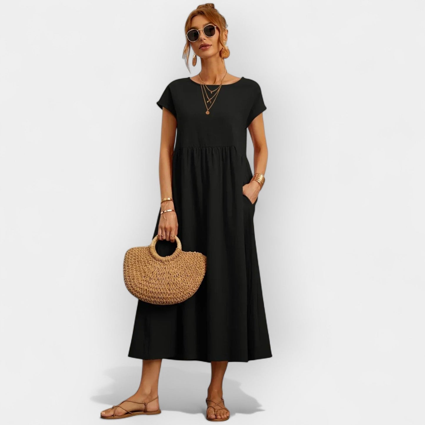 Vestido midi para mujer con mangas cortas y bolsillos laterales-Midi Dress-Casaluzia