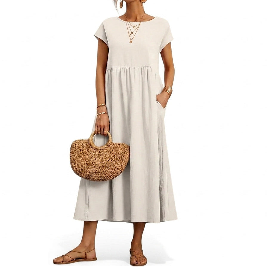 Vestido midi para mujer con mangas cortas y bolsillos laterales-Midi Dress-Casaluzia