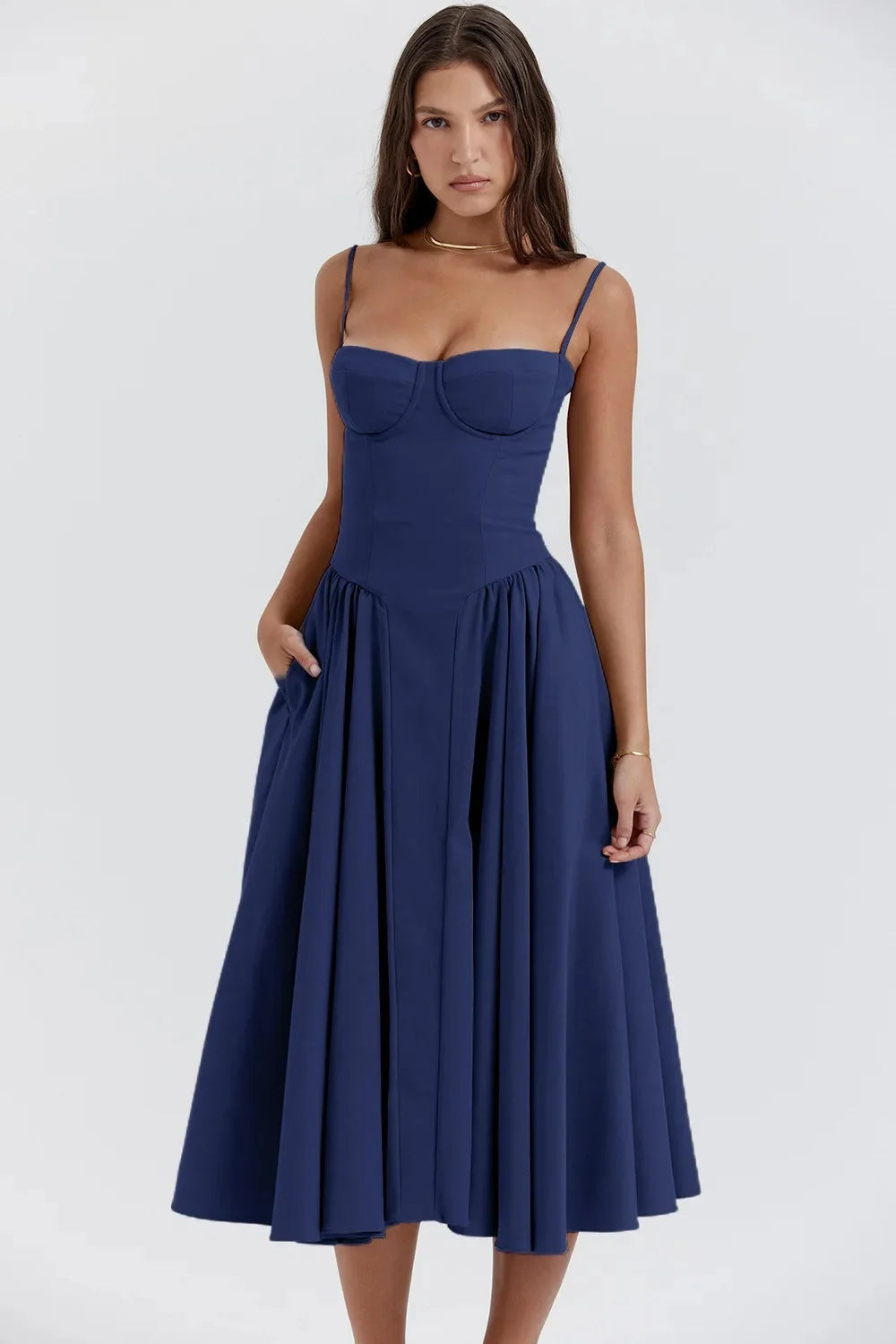 Vestido midi para mujer con tirantes y parte superior estructurada-Midi Dress-Casaluzia