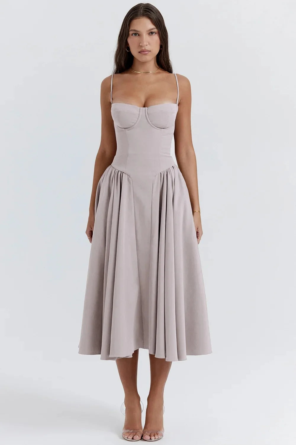 Vestido midi para mujer con tirantes y parte superior estructurada-Midi Dress-Casaluzia