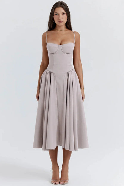 Vestido midi para mujer con tirantes y parte superior estructurada-Midi Dress-Casaluzia