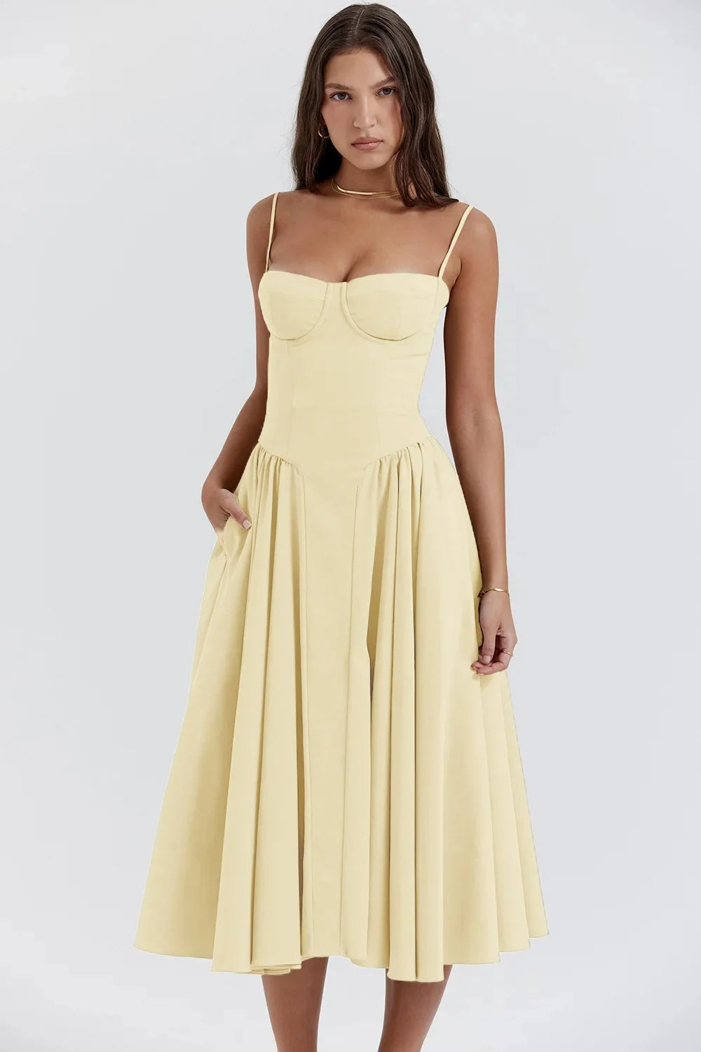 Vestido midi para mujer con tirantes y parte superior estructurada-Midi Dress-Casaluzia