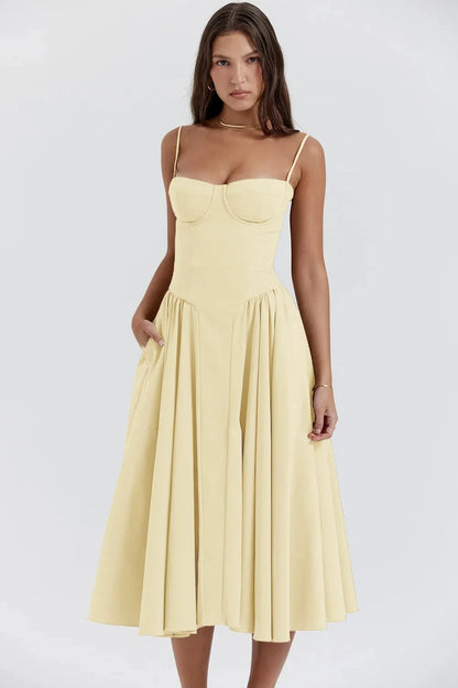 Vestido midi para mujer con tirantes y parte superior estructurada-Midi Dress-Casaluzia