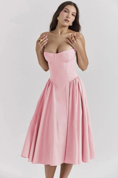 Vestido midi para mujer con tirantes y parte superior estructurada-Midi Dress-Casaluzia