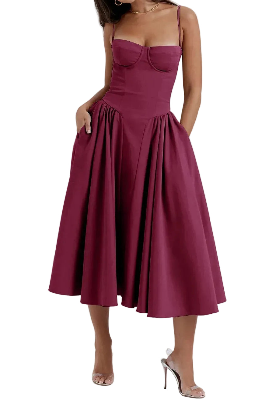 Vestido midi para mujer con tirantes y parte superior estructurada-Midi Dress-Casaluzia
