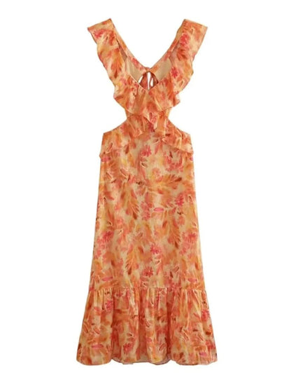 Vestido midi para mujer con volantes y escote en V-Midi Dress-Casaluzia