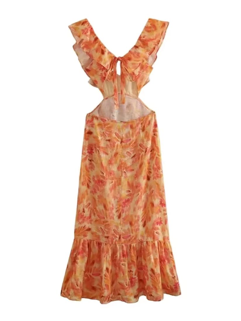 Vestido midi para mujer con volantes y escote en V-Midi Dress-Casaluzia