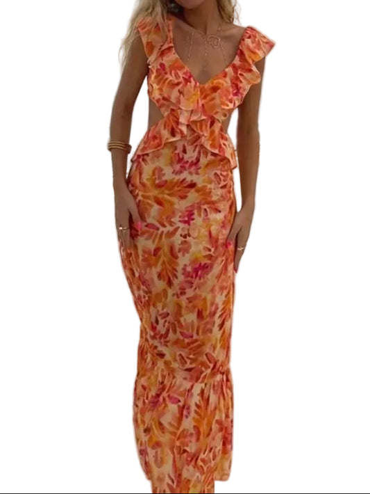 Vestido midi para mujer con volantes y escote en V-Midi Dress-Casaluzia