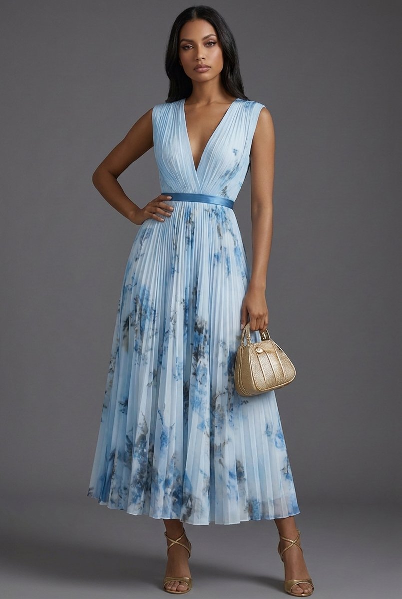 Vestido midi plisado con cuello en V para mujer-Midi Dress-Casaluzia