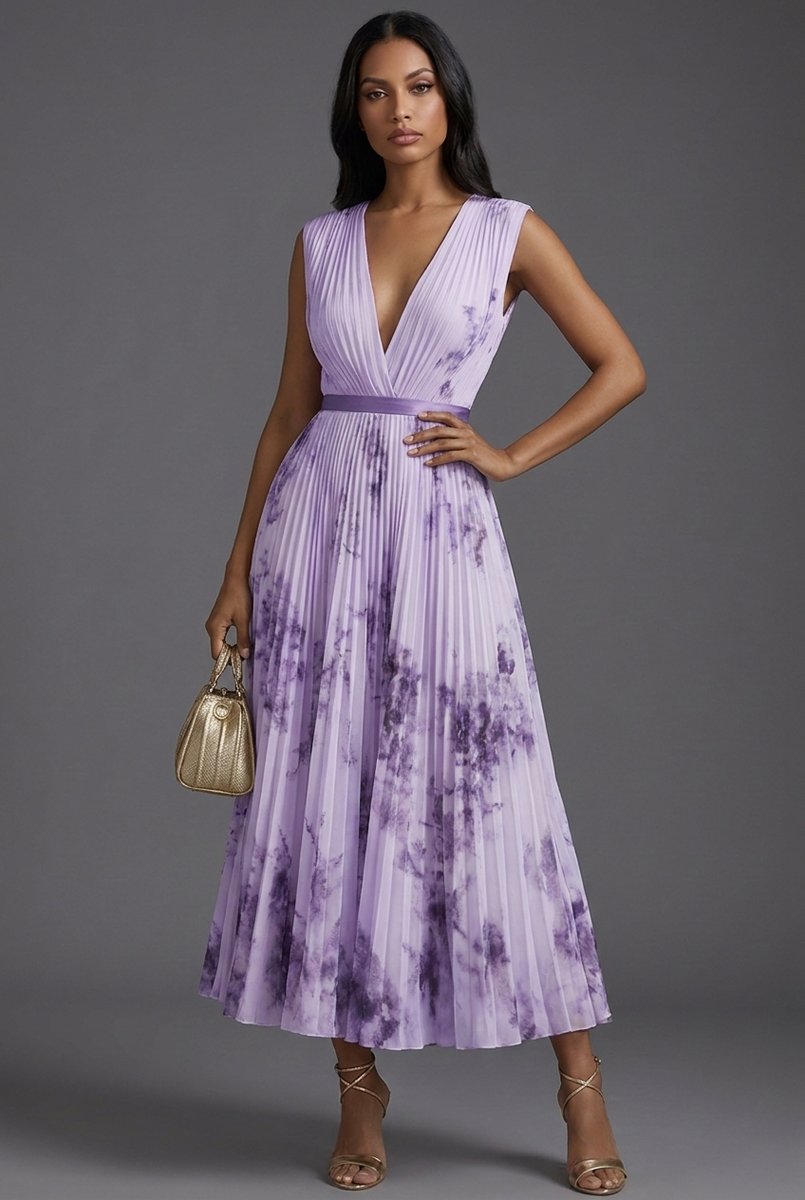 Vestido midi plisado con cuello en V para mujer-Midi Dress-Casaluzia