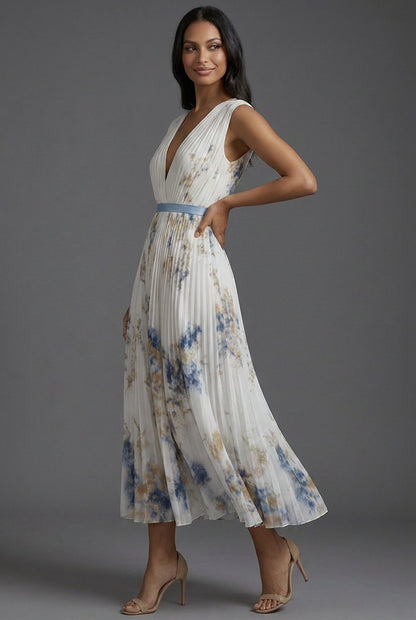Vestido midi plisado con cuello en V para mujer-Midi Dress-Casaluzia