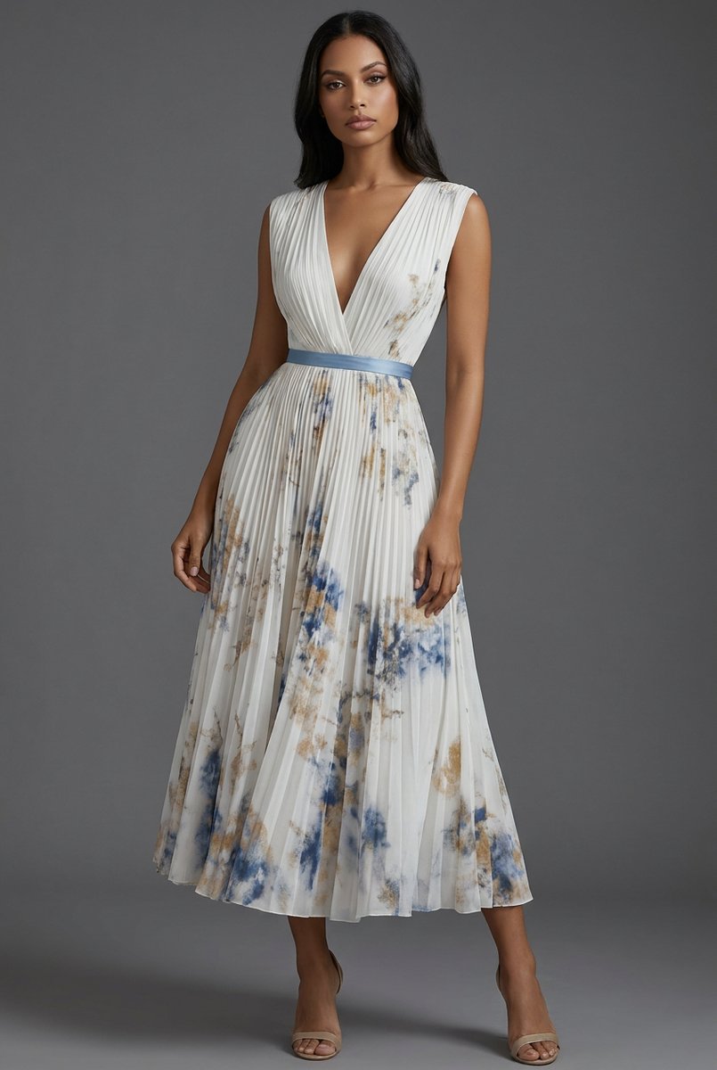 Vestido midi plisado con cuello en V para mujer-Midi Dress-Casaluzia