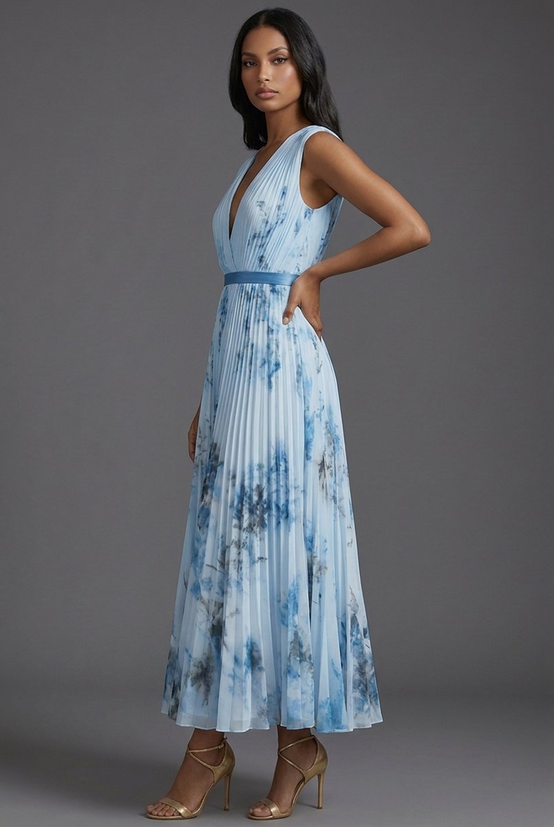 Vestido midi plisado con cuello en V para mujer-Midi Dress-Casaluzia