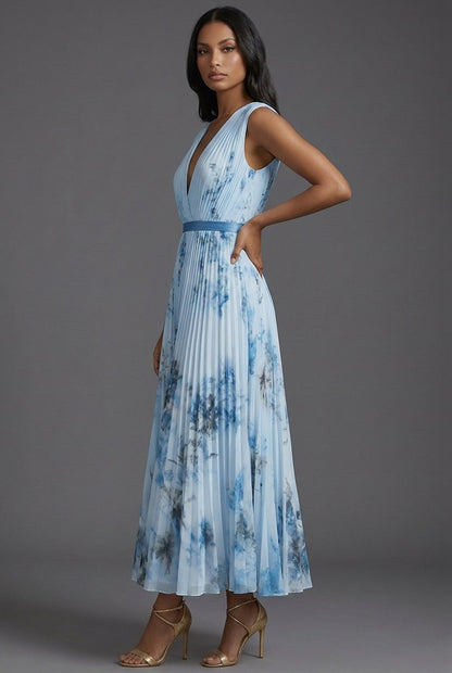 Vestido midi plisado con cuello en V para mujer-Midi Dress-Casaluzia