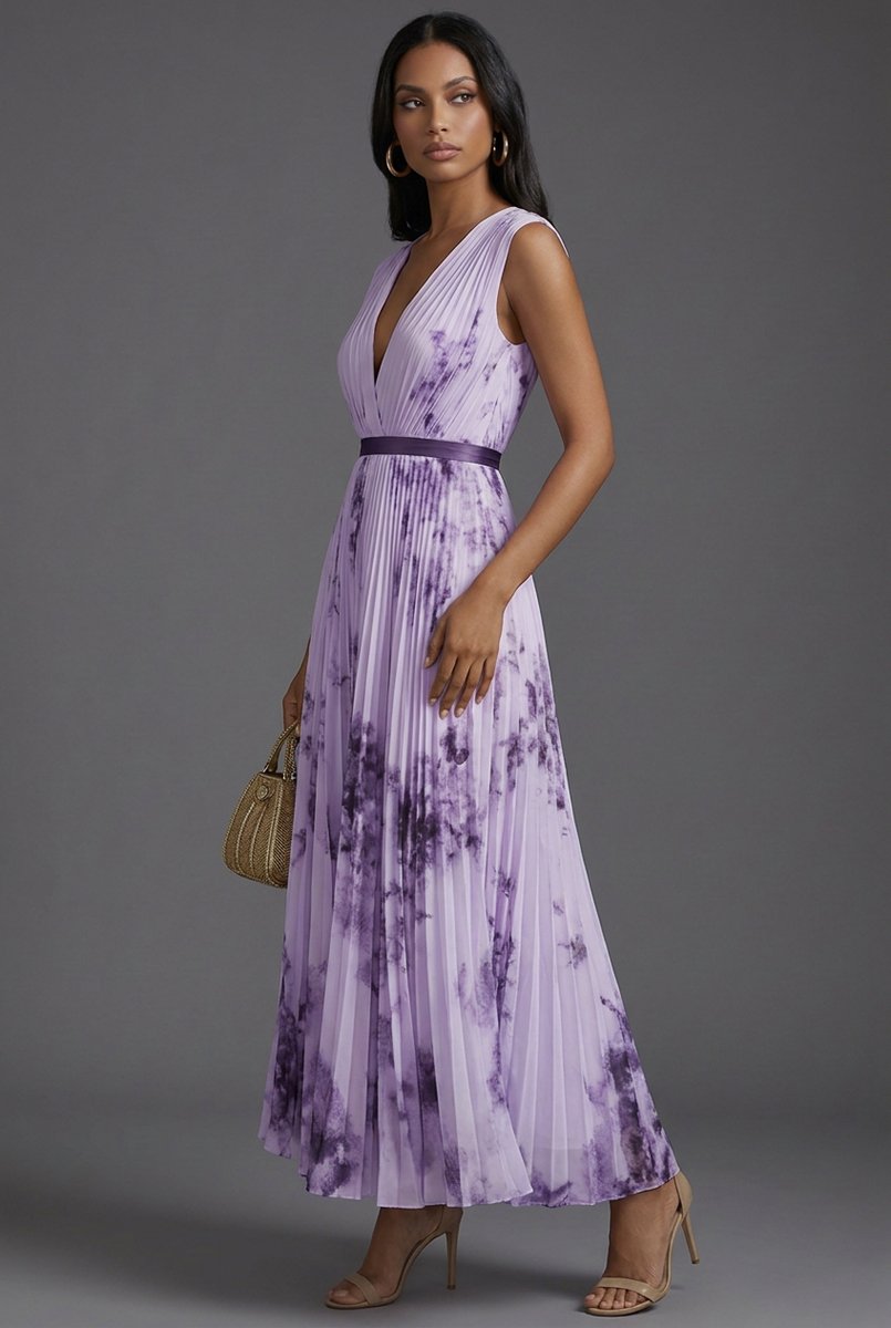 Vestido midi plisado con cuello en V para mujer-Midi Dress-Casaluzia