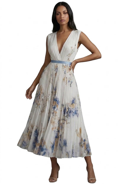 Vestido midi plisado con cuello en V para mujer-Midi Dress-Casaluzia