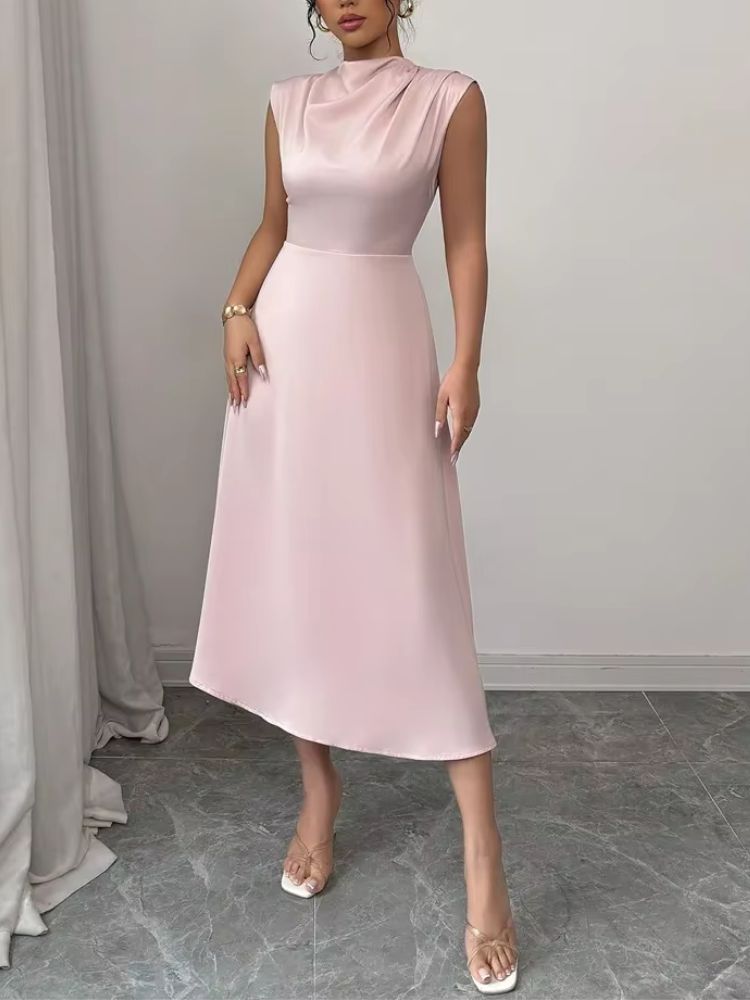 Vestido midi sin mangas con cuello alto y falda acampanada-Midi Dress-Casaluzia