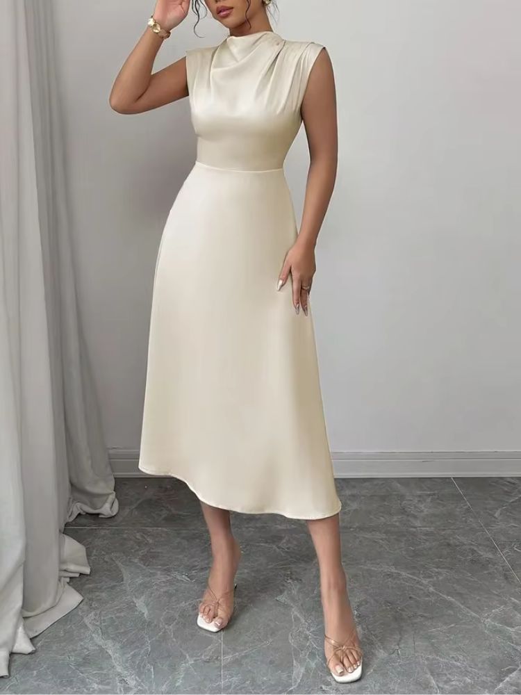 Vestido midi sin mangas con cuello alto y falda acampanada-Midi Dress-Casaluzia